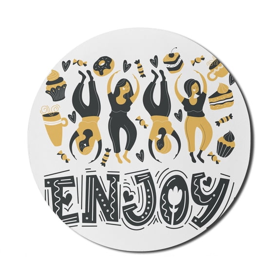 Cartoon Mouse Pad for Computers, Enjoy Typography with Happy Dancing Women and Desserts Graphic, Round Non-Slip Thick Rubber Modern Gaming Mousepad, 8" Round, Orange Charcoal Grey, by Ambesonne