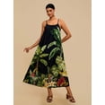 thumbnail image 3 of Black Tropical Leaf Print Spaghetti Strap Maxi Dress For Women, Resort Style Summer Dress, 3 of 7