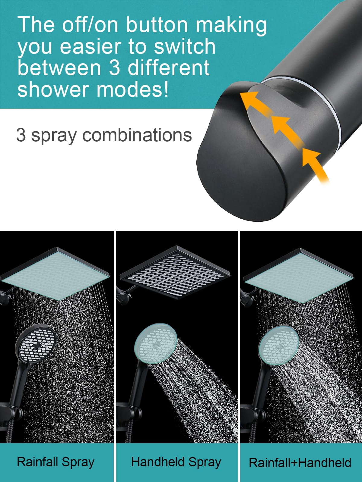11.8 Inch Rain Shower Head With 6 Modes Handheld Water Spray High Showerhead Combo 11 Adjustable Extension Arm  Black