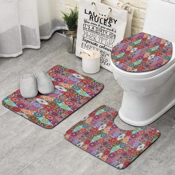 Multicolor Ethnic Diamond Pattern Bathroom Rugs Sets 3 Piece,Toilet Cover Set,Absorbent Non Slip Bathroom Mats Sets with U-Shaped Contour Rug Toilet Rug Set