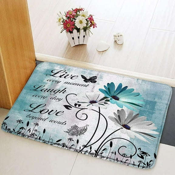 Teal Daisy Flower Butterfly Bath Mats Inspirational Quote Rustic Farmhouse Spring Floral Plant Country Turquoise Blue Bathroom Rugs Bedroom Kitchen Indoor Floor Carpet 16x24 Inch