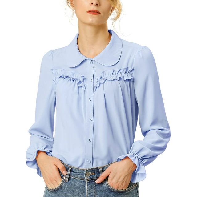 INSPIRE CHIC Women's Button Down Long Sleeve Cuff Ruffle Detail Blouse Shirt Tops