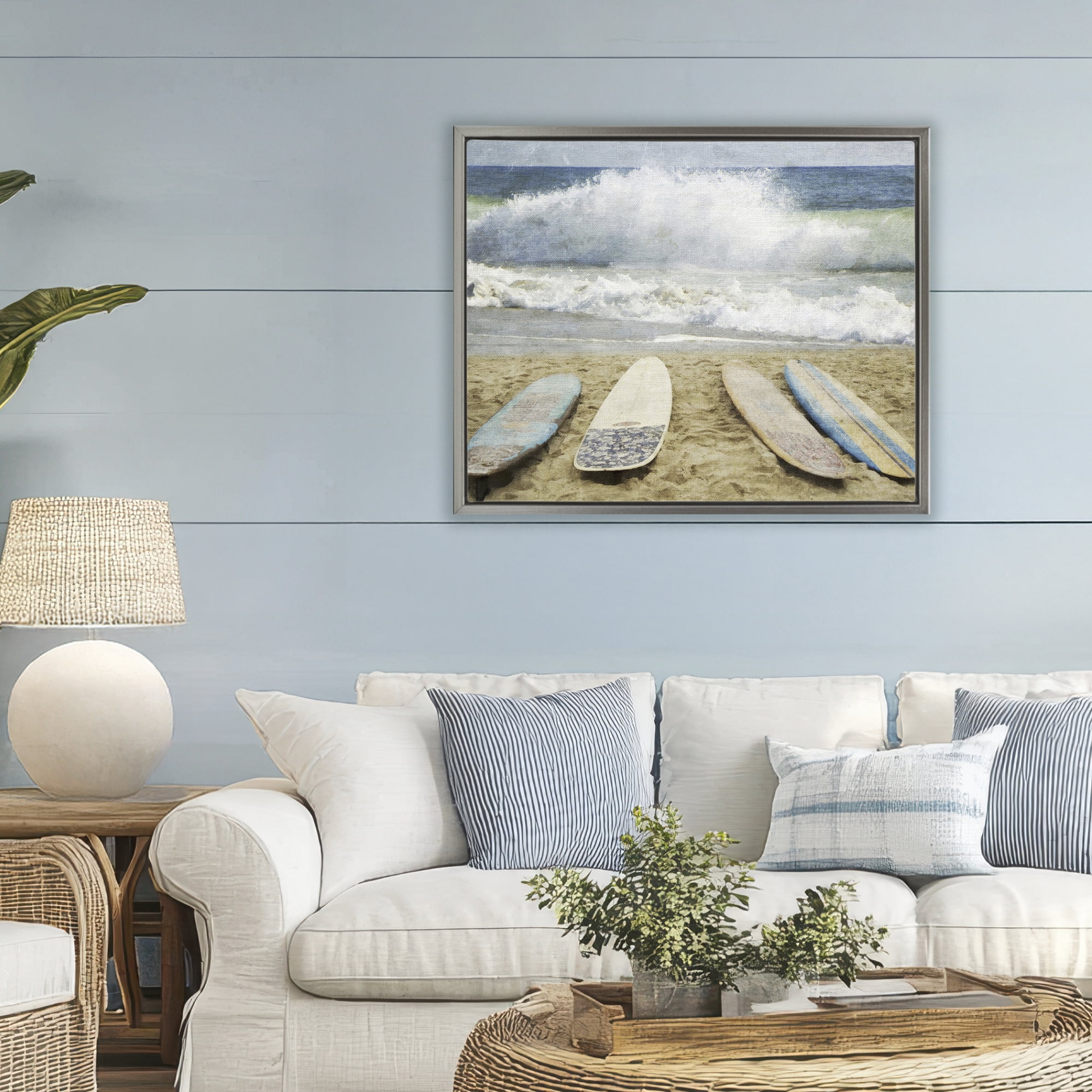 Stupell Industries Surfboards At The Ready Gray Framed Floater Canvas Wall Art, design by Grotto Studios