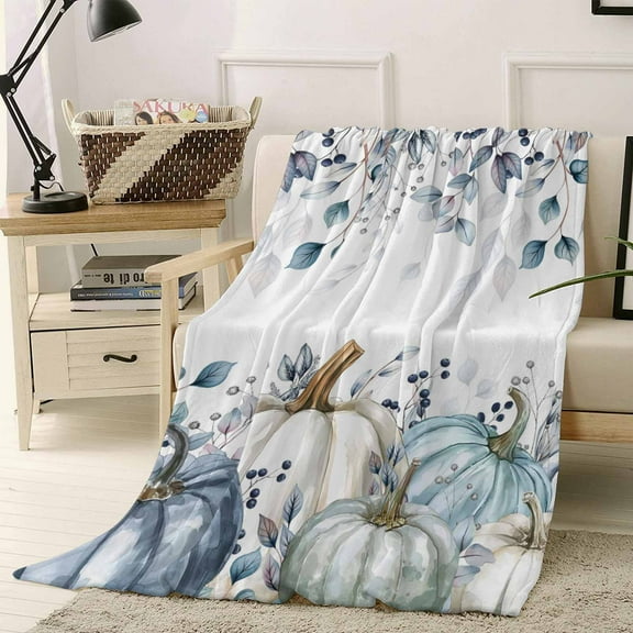 Blue White Pumpkin Throw Flannel Blanket 40x50In Eucalyptus Leaves Watercolor Fall Plant Super Soft Cozy Bed Blanket, Lightweight Plush Fuzzy Bed Throw for Bedroom Sofa Couch Living Room