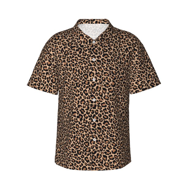 Balery Brown Leopard Camisas hawaianas de manga corta para hombre, camisas playeras de corte holgado, camisas de vacaciones con botones,Large