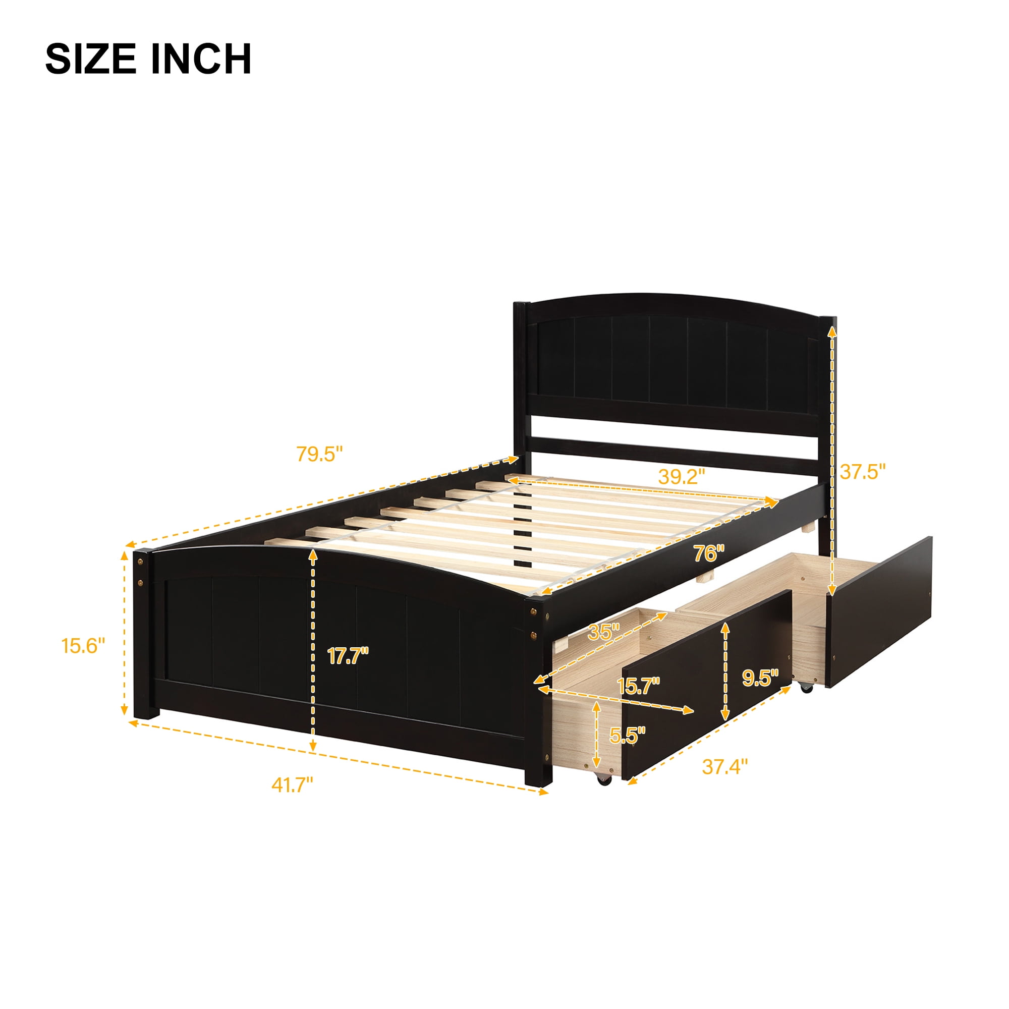 Gewnee Kids Wood Platform Bed,Twin Size Platform Bed with Headboard and Storage Drawers,Espresso