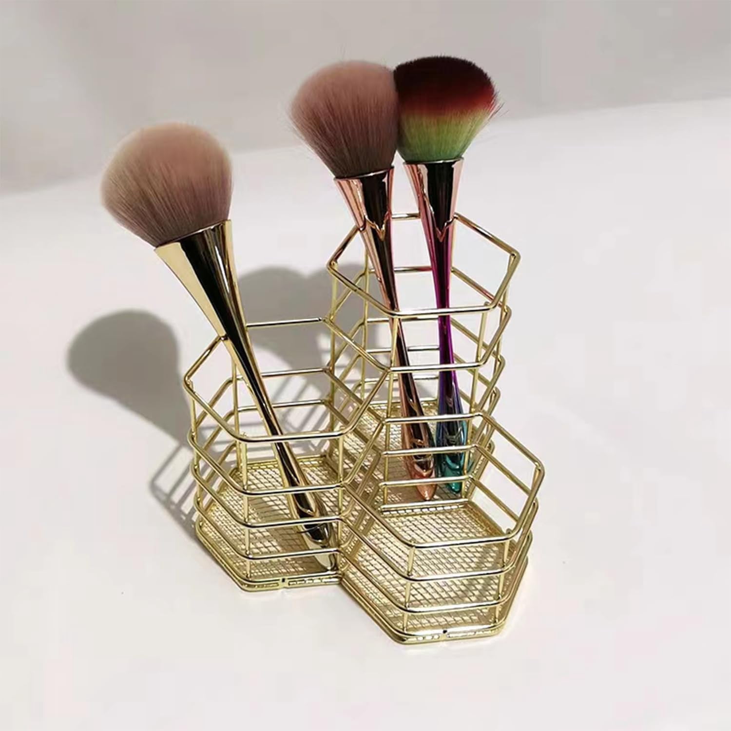Metal Desk Organizer,Pencil Holders & Cosmetic Storage,Stylish Gold Desk Organizer for Pencils, Makeup Brushes,Gold Pen Holder with 3 Different Height Compartments - Elegant Desk Accessories