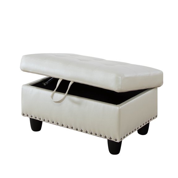 Pon Living Furniture Inc Ottoman, White Leather Footstool for Living Room, Modern Square Seat with Tufted Design and Hidden Storage, Minimalist Decor Accent