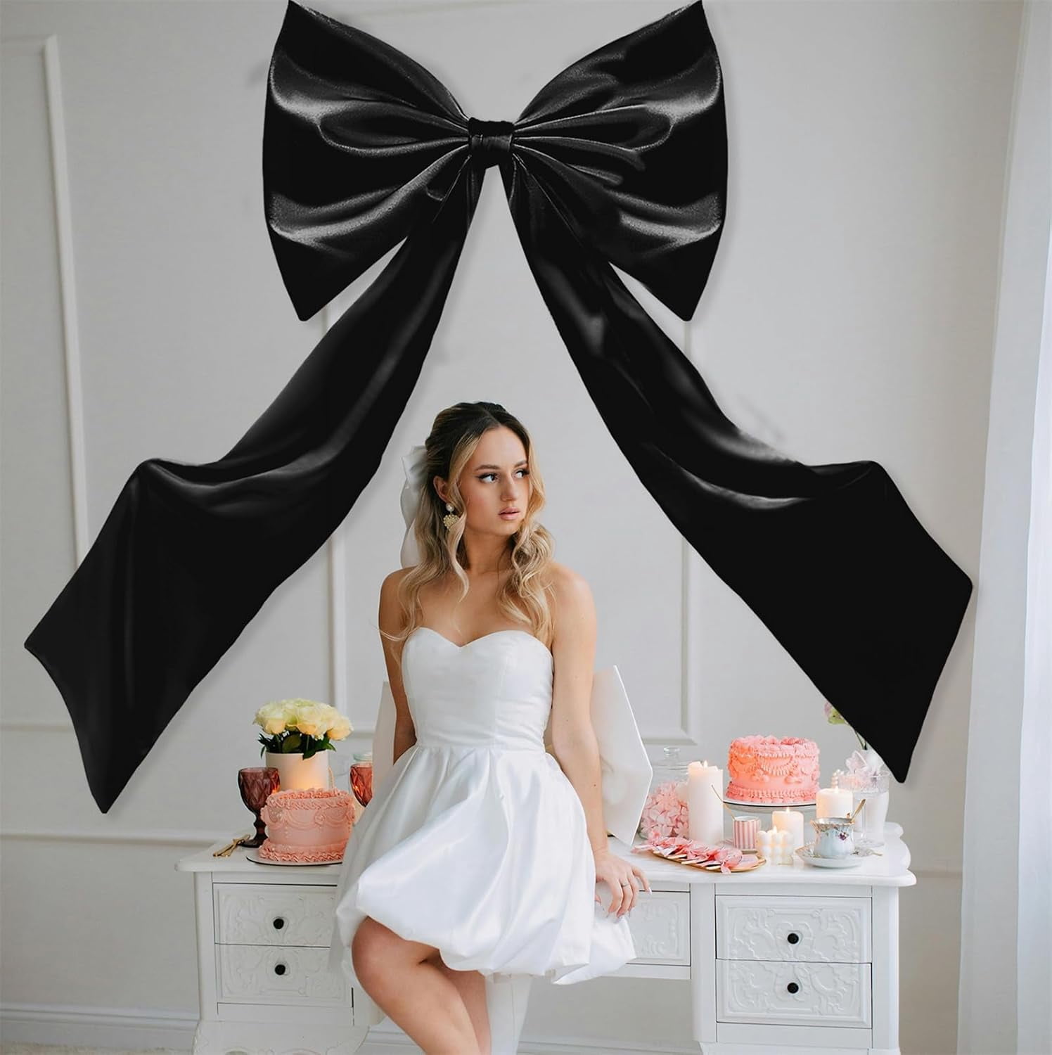 Coquette Large Satin Bow, 24 x 42 Inches, Giant Black Bow Ribbon Tie for Coquette Room Decor, Birthday Party Backdrop Wall Decoration (Black)