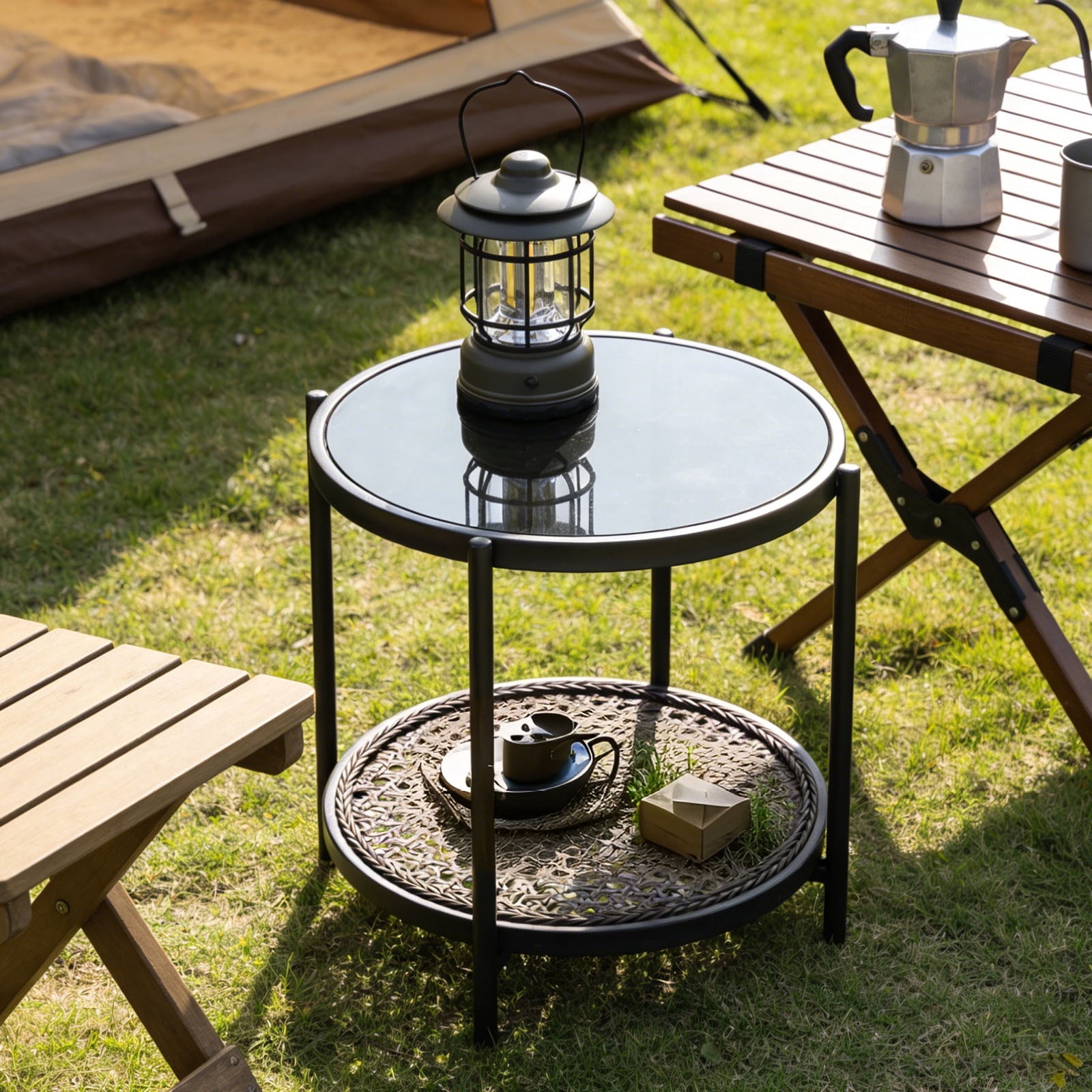 Kinbor Outdoor Wicker Side Table – Roud Patio End Table with Tempered Glass Top, Rubber Suction Pads & Storage Shelf, All-Weather Rattan Coffee Table for Balcony, Porch, Deck, Garden, Easy Assembly