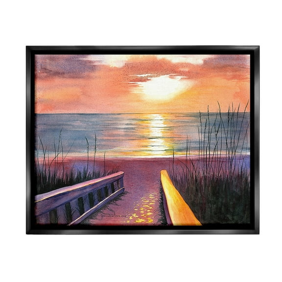 Stupell Industries Sunlit Beach Pathway Landscape Painting Black Floater Framed Canvas Art Print Wall Art, 21 x 17