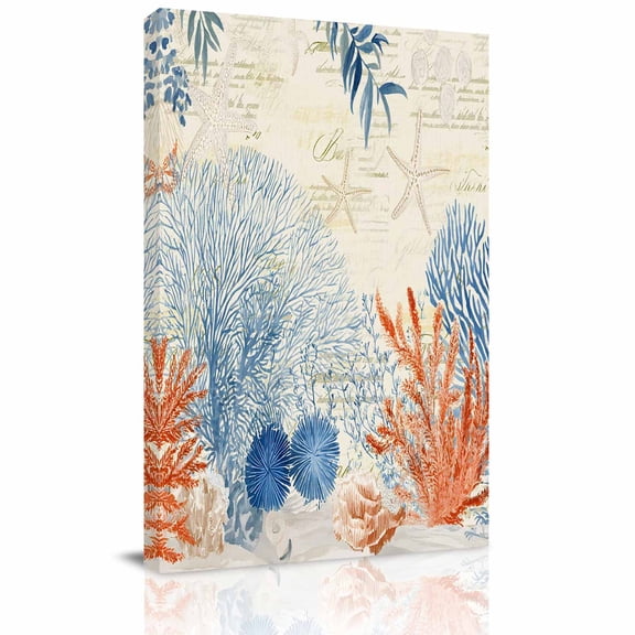 Ocean Corals Canvas Wall Art for Living Room, Summer Beach Coral Sea Stars Retro Texture Wall Decor Framed Artwork Pictures Ready to Hang for Bedroom Office Home Decor