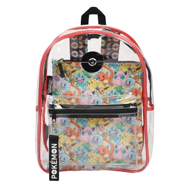 Mochila Bioworld Pokémon Multi-Character AOP para adultos 17 multicolor, vista frontal centrada; cuerpo de plástico transparente con ribetes naranjas, bolsillo extraíble para laptop con estampado de Pikachu, Squirtle, Charmander, Jigglypuff y Eevee, bolsillo frontal con cremallera y etiqueta con logo Pokémon, correas con patrón de pokéball arcoíris, medidas 17" x 12" x 5.5"; se limpia con paño húmedo; adecuada para transportar laptop y artículos diarios.
