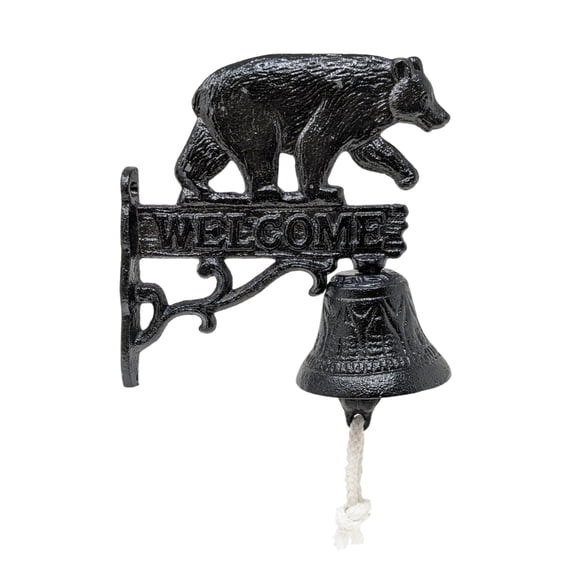 Cast Iron Bear Bell with Welcome Sign for Front Gate, Garden, Porch, Cabin, Door - Rustic Heavy-Duty Wall Mounted Dinner Bell - Outdoor Vintage Decor, Wildlife Lodge Gift for Nature and Animal Lovers