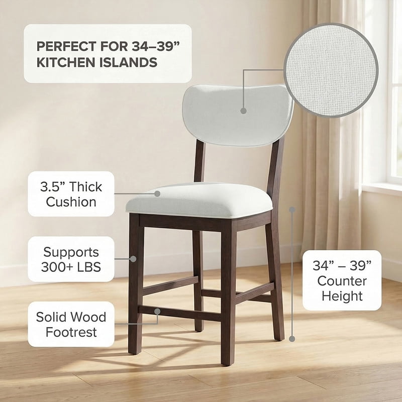 COLAMY Set of 4 Counter Height Bar Stools, Solid Wood Upholstered Barstools with Backrest, Modern Farmhouse Fabric Kitchen Island Stools，Brown