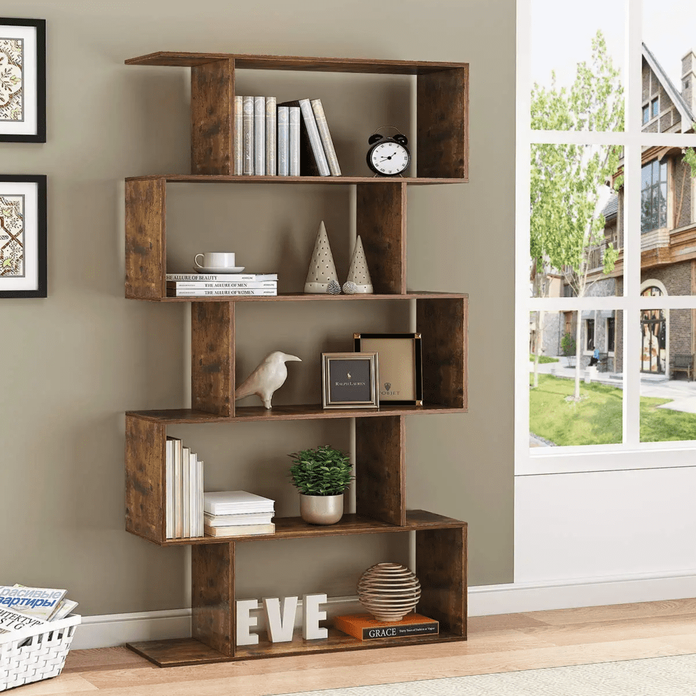 HOMEFORT 5-Tier Wood Bookcase, Modern Geometric, Display HOMEFORT 5-Tier Wood Bookcase, Modern Geometric, Display