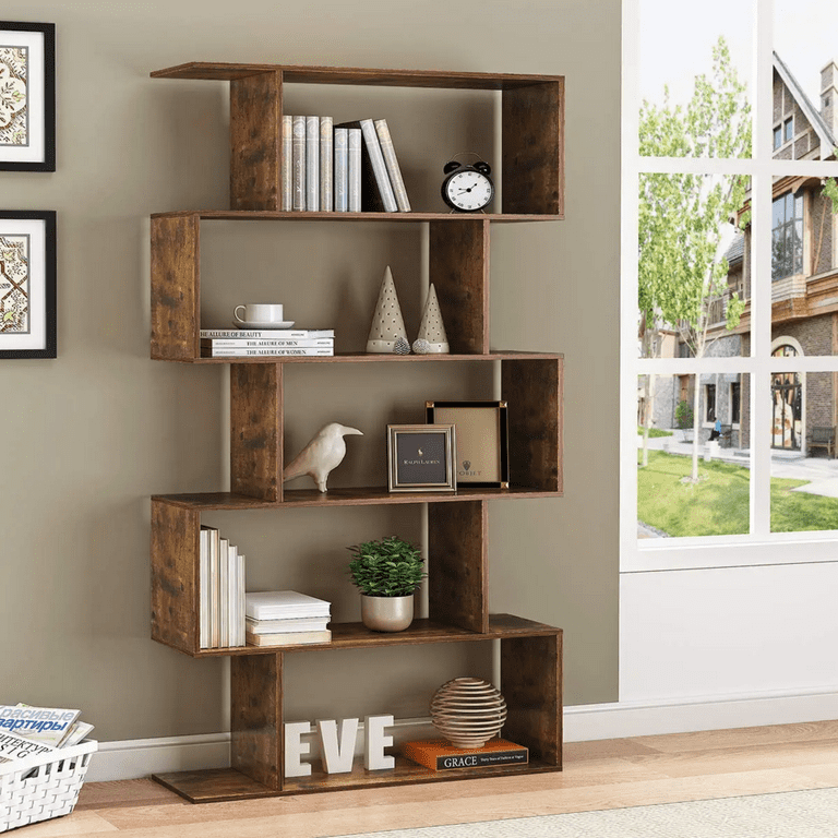 HOMEFORT Wood Geometric 5-Tier Modern Bookcase, Open Shelf and Room Divider, Freestanding Display Storage Organizer, Decorative Shelving Unit for Home