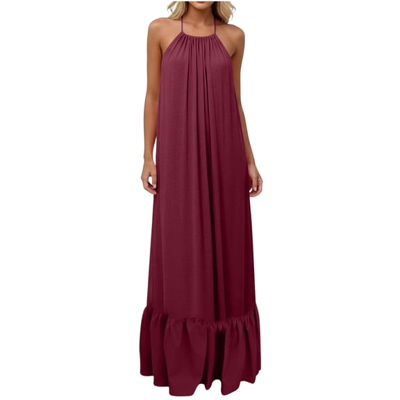 Ahabrexf Nightgowns for Women, Halter Neck Backless Ruffle Hem Loose Casual Polyester Maxi Sleep Dress, 1 Pc