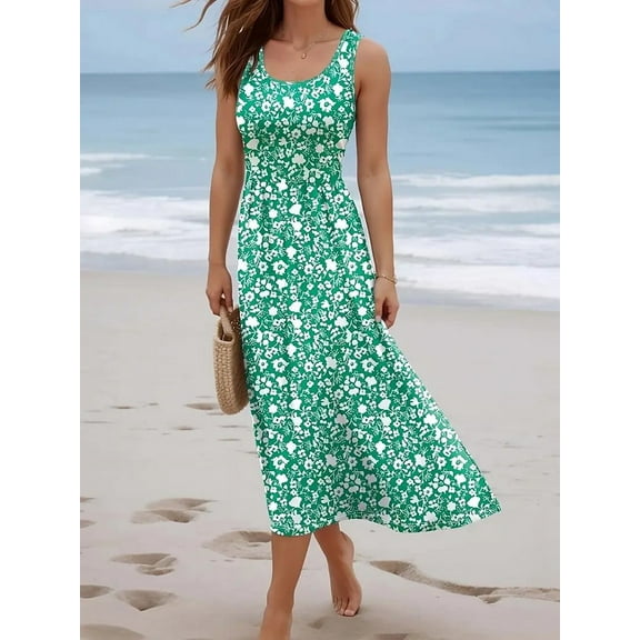 ZOELNIC Women Floral Summer Maxi Dress Casual Beach Dress Printed Sleeveless Boho Flowy Tank Dress, S