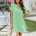 thumbnail image 4 of Wycnly Formal Dresses for Women Beach Casual Button Down Lapel Loose Shirt Short Dresses Short Sleeve V-Neck Solid 2024 Summer Mini Dress Green m, 4 of 7