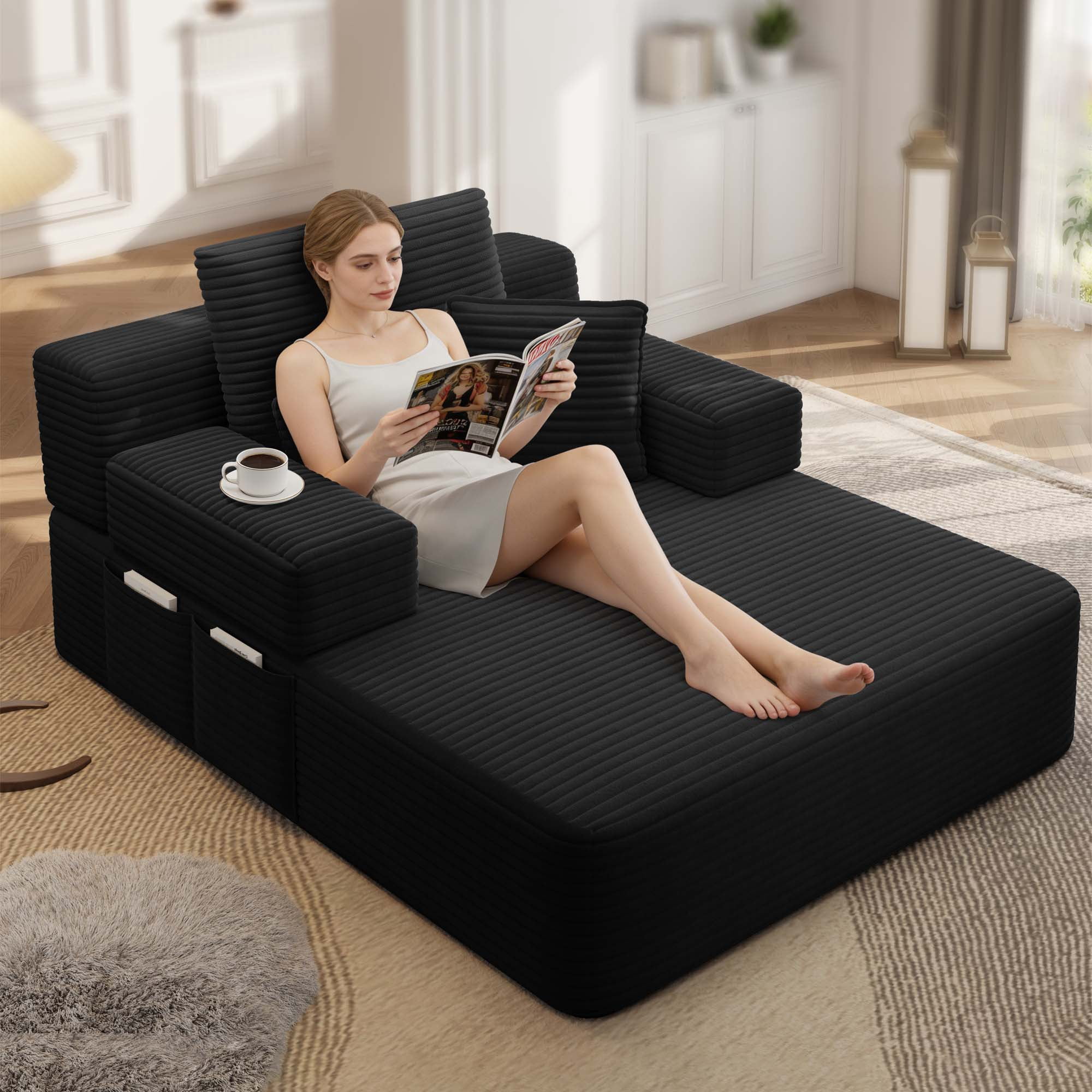 Miniyam 70" x 48.5" Sofa Bed for Small Spaces, Convertible Chaise Lounge with Storage Pocket & Pillows, Plush Corduroy Futon, Black