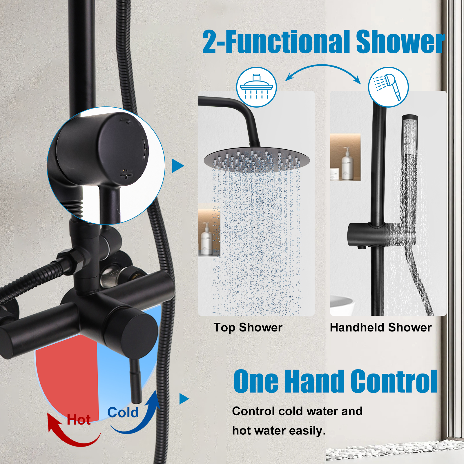 iMeshbean Black Shower Faucet Set 8" Rainfall Shower Head Combo System w/ Mixer Valve Kit