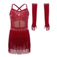 thumbnail image 4 of Choomomo Girls Sequin Fringed Dresses Tassel Skirted Leotard Latin Dance Outfits with Gloves Party Bodysuit Burgundy 12, 4 of 7