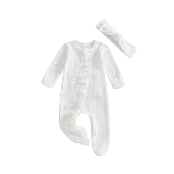 RUINIXCW Newborn Baby Girl Spring Fall Winter Clothes Outfit Knitted Footed Romper Long Sleeve Crew Neck Frills Zipped Footie Jumpsuit and Headband