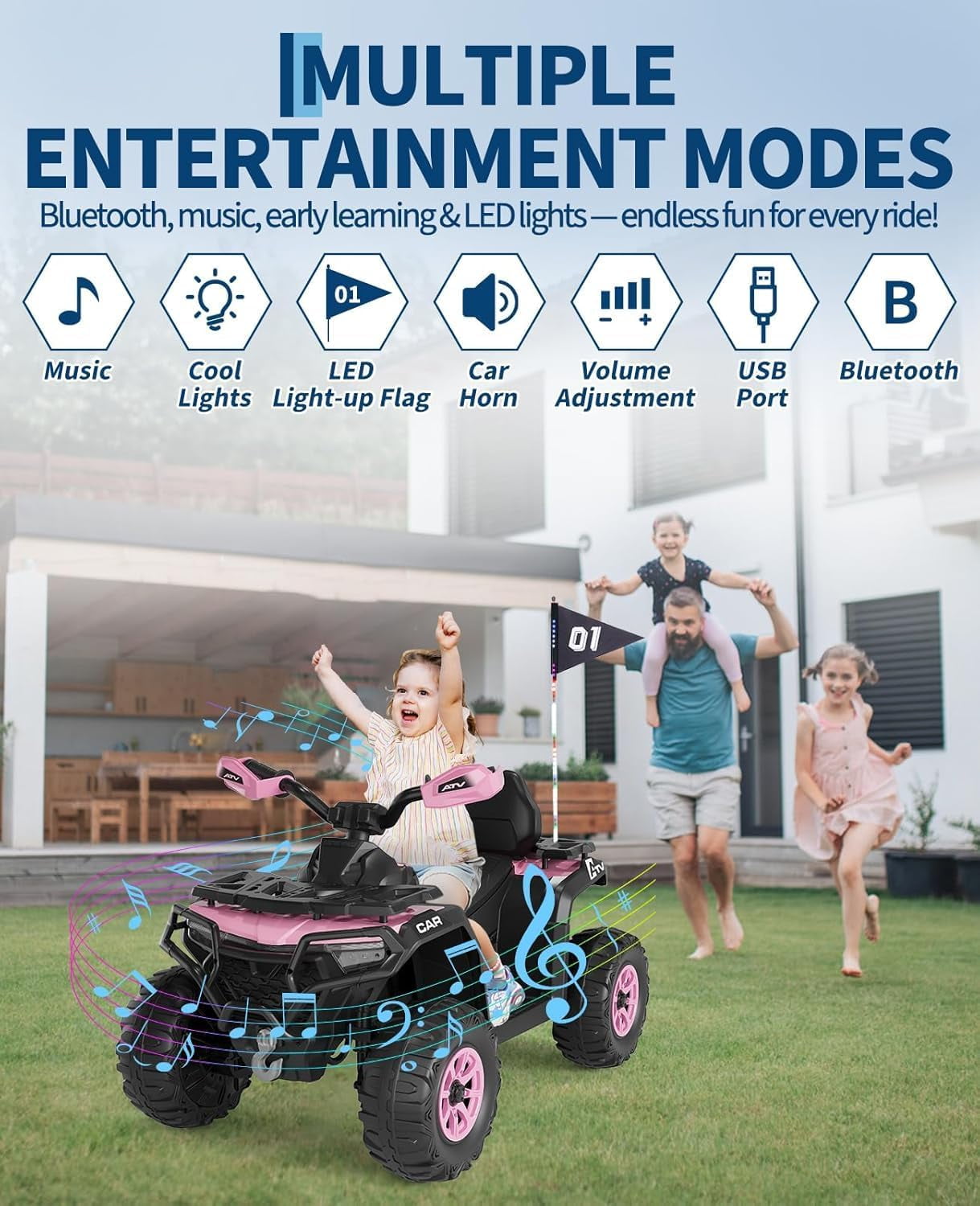 Historyli Powered Ride Ons,12V 4 Wheeler ATV,Ride on Eletric Motorcycle,2-Seater Electric Vehicle Toy Car with High&Low Speed,Music,Led Lights for 3-8 Years,Pink