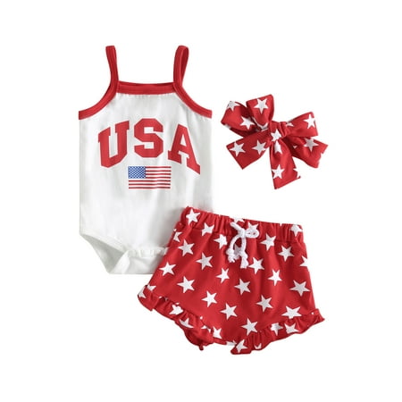 

Qtinghua 4th of July Baby Girl Outfits USA American Flag Print Sleeveless Halter Romper Star Shorts Headband Set Red 3-6 Months