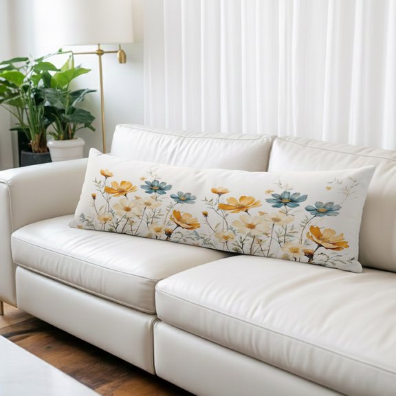 Yellow Blue Spring Floral Long Body Pillow Cover 20x60 Inch, Watercolor Summer Botanical Decorative Pillowcase with Zipper, Microfiber Pillow Protector, Soft Breathable Long Pillowcases for Women