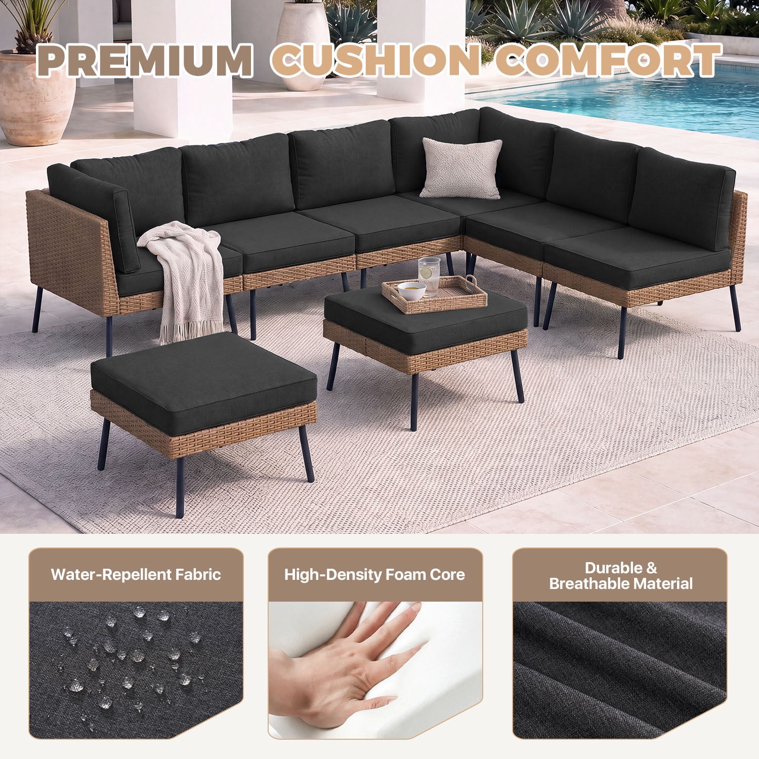 BaPiPro 8-Piece Modular Outdoor PE Rattan Sectional Sofa Set, All Weather Patio Furniture with Removable 4" High Density Cushions & 2 Multifunctional Ottomans for Backyard Garden Courtyard, Black