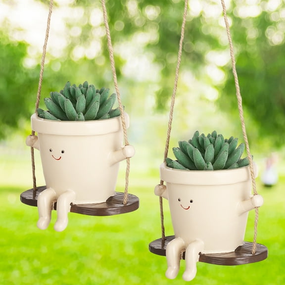 2 PCS Swing Hanging Planters, Cut Face Plant Pots for Indoor Outdoor Plants, Resin Hanging Head Succulent Pots, Flower Pots for String of Pearls, Unique Plant Holders for Home Garden Decor