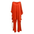 thumbnail image 4 of Dazajoo Plus Size 2 Piece Lounge Outfits for Women Fashion Drop Cold Shoulder Long Sleeve Tops with Long Wide Leg Pants Suits 2024 Summer Womens Casual Solid Color Cotton Linen Sets,Orange,L, 4 of 5