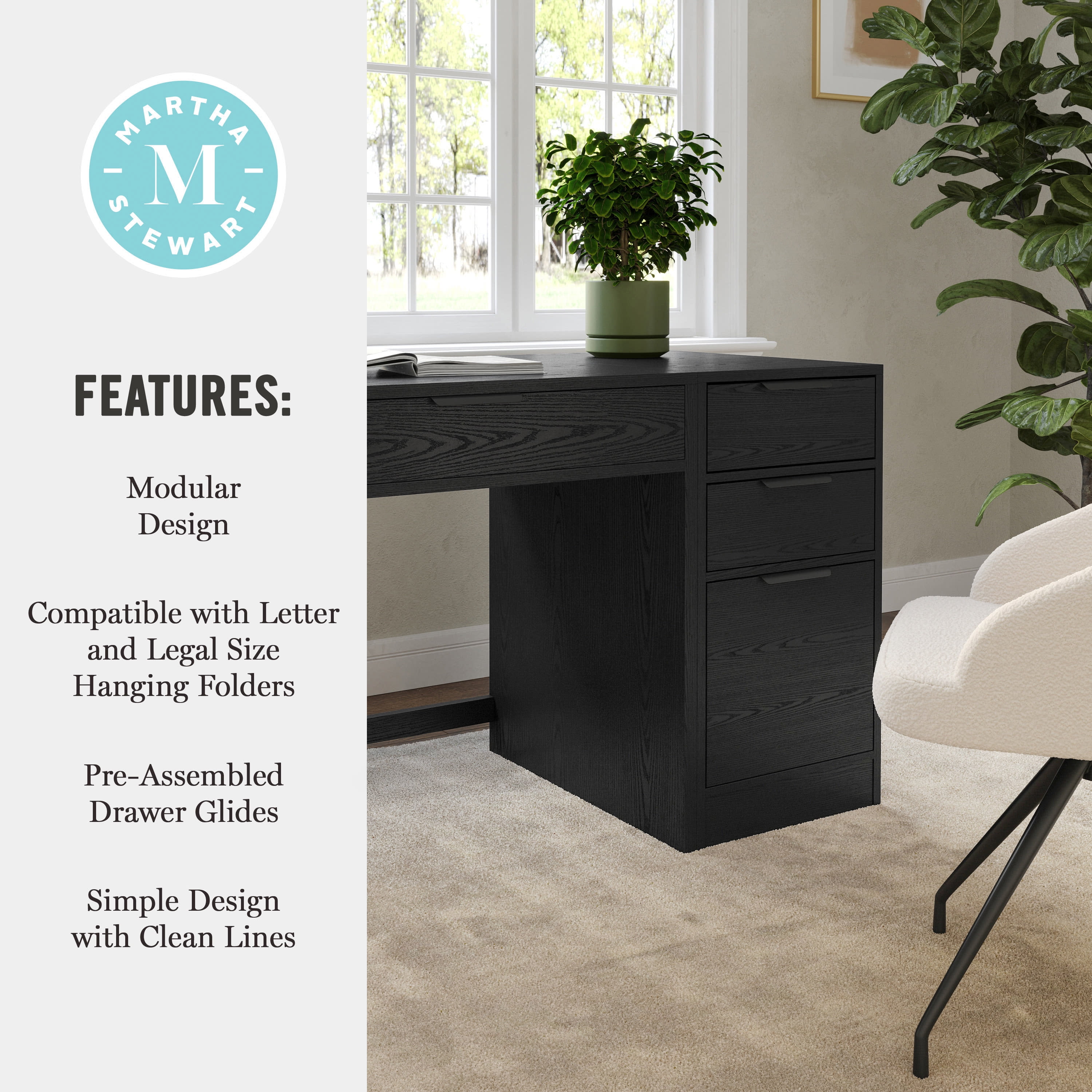 Martha Stewart Home Office Modular Single-Drawer Desk with 3 Drawer File Cabinet in Black with Oil Rubbed Bronze Hardware