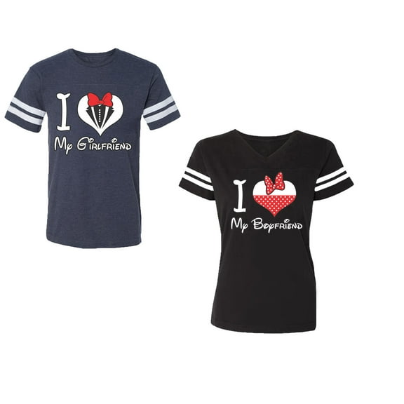 I Love My BF GFUnisex Couple Matching Cotton Jersey style T-Shirt Contrasting stripes on sleeves (Men Navy / Women Black) (Men S / Women S)