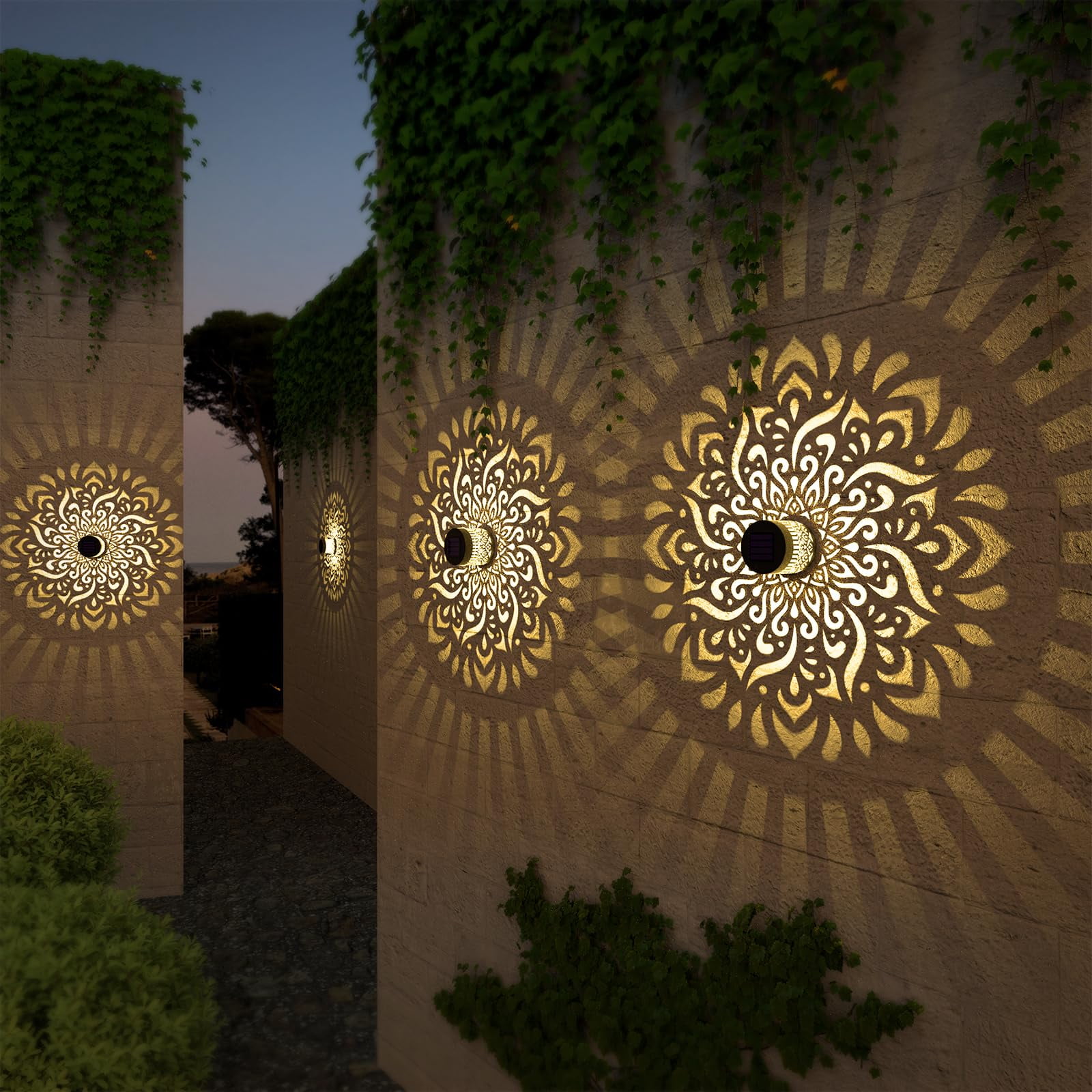 Mandala Solar Fence Lights Outdoor 2 Pack Solar Deck Step Wall Lamp Garden Decor