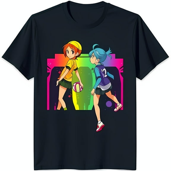 Colorful Rainbow Anime Characters Black T-Shirt Yellow & Uniforms Unique Graphic Tee for Fans