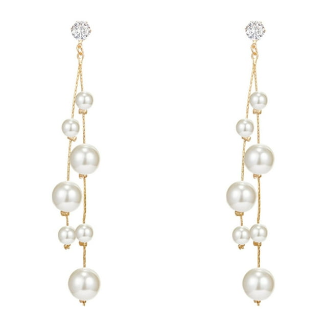 Pendientes largos con doble borla y perlas Pendientes finos colgantes de oro con perlas elegantes y borlas Pendientes para mujer para bodas Accesorios de joyería Pendientes para mujer