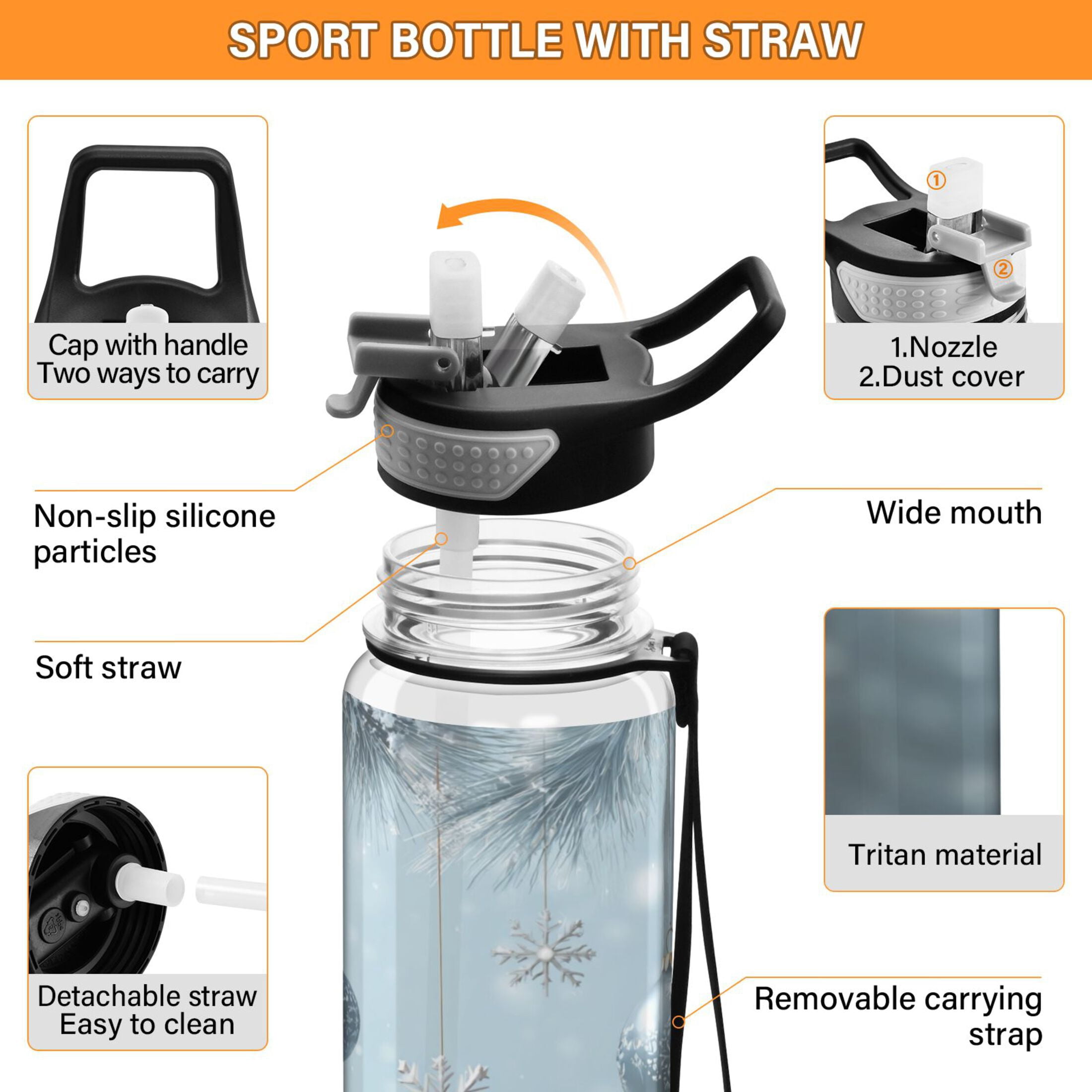 1000ML Transparent Sports Water Bottle with Handle & Straw Portable Water Bottle for Outdoor Camping Gym Glass Christmas Ornaments