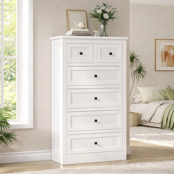 Pipleo Tall 6 Drawer White Wood Dresser, Easy Assembly with Video Guide