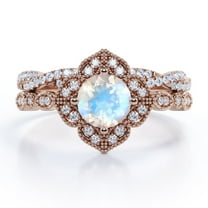 JeenMata Art-Deco Milgrain Floral Cluster 1.75 Carat Round Shape Rainbow Moonstone and Moissanite Crossover Pave Bridal Ring Set in 18K Rose Gold Plating over Silver