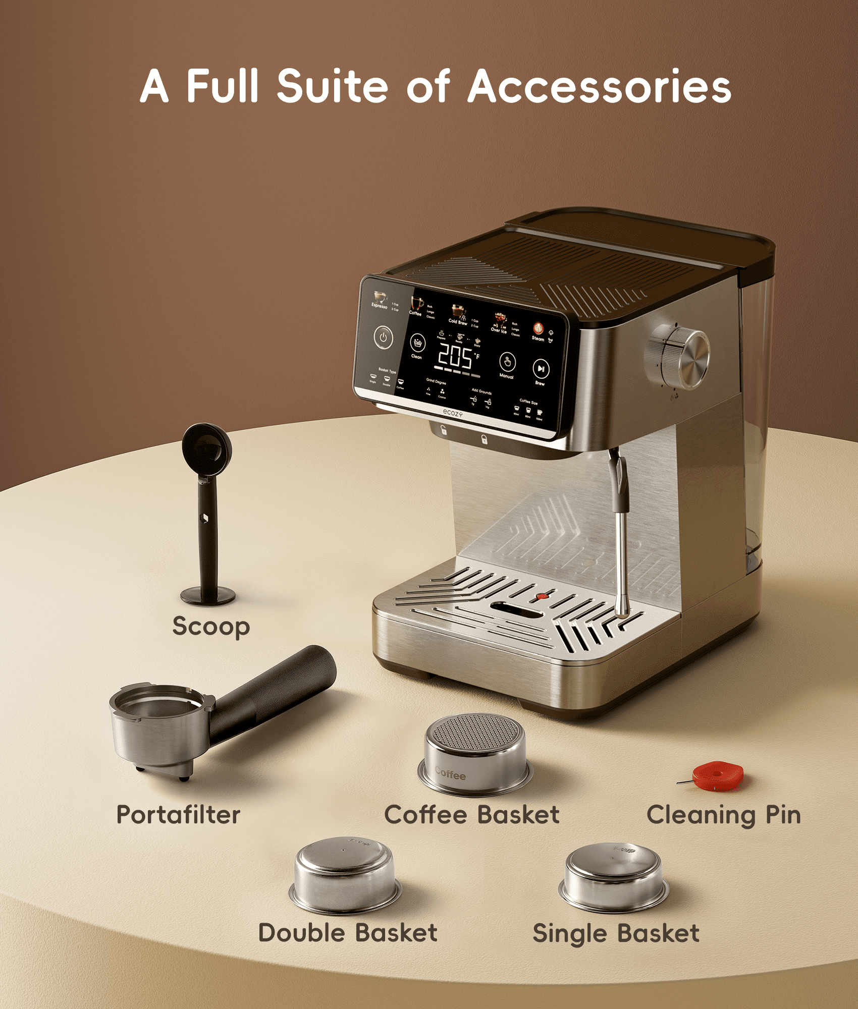 Ecozy Chillio 4 in 1 Espresso and Coffee Maker Combo with Milk Frother, Cold Brew & over Ice, Interactive Touch Screen, for Cappuccinos, Lattes, Americanos