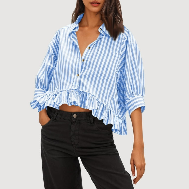 Cute Summer Crop Tops Womens Striped Ruffle Shirt 3/4 Sleeve