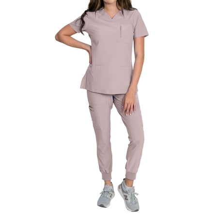 Medgear Fleur Women s Stretch Scrub Set with Zip Pocket Top and Jogger Pants Orchid Blush Medium