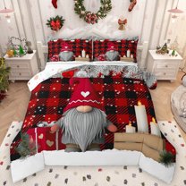 Homewish Cartoon Xmas Gnome Bedding Comforter Set,Girls Christmas Gifts Twin Comforter Sets,Red Black Checkered Bedding Set For Boys Kids,Microfiber Bedroom Decor Reversible,2pcs