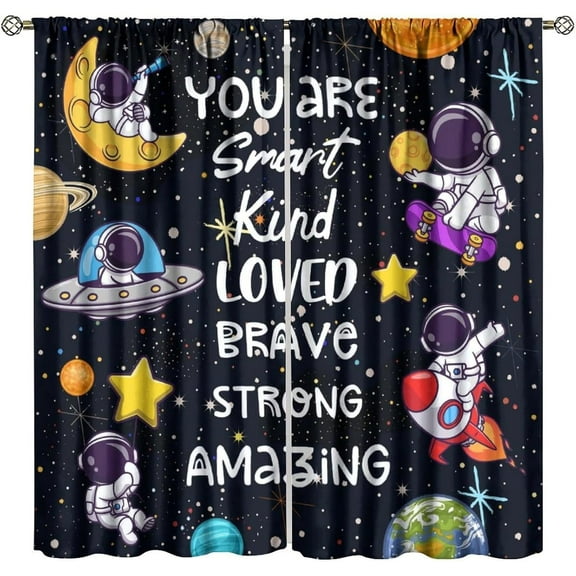 Kids Space Curtains, Cartoon Universe Galaxy Planet Astronaut Inspirational Quotes for Kids Room Window Decor, Rod Pocket Drapes for Living Room Bedroom Kitchen 2 Panel Set 42"W X 84"L