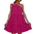 thumbnail image 3 of Vestido de verano para mujer, vestido de un solo hombro con nudo de corbata, color puro, vestido informal para mujer, funcionalidad versátil, 3 of 6