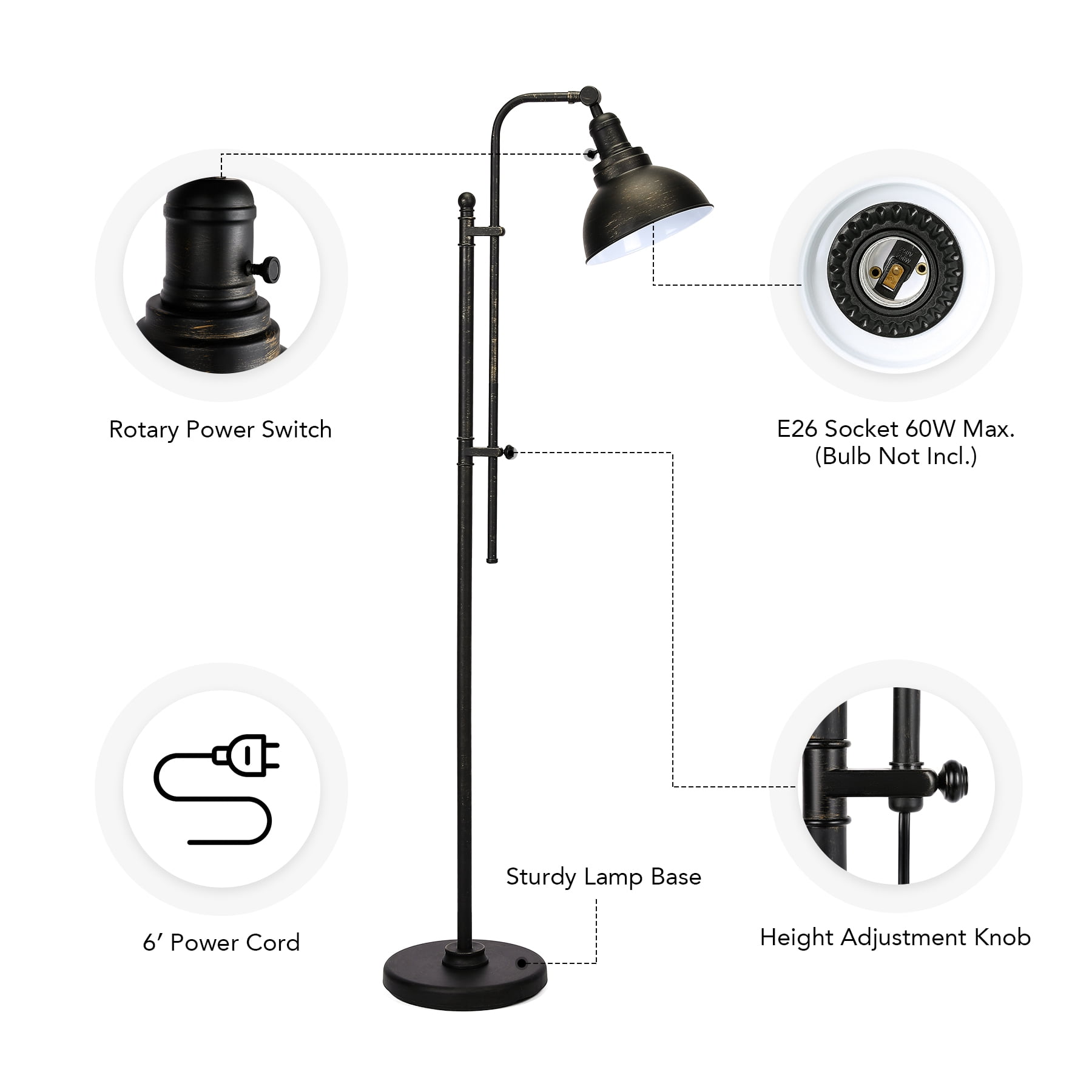 Bestco Classic Vintage Metal Floor Lamp, Rustic Reading Lamp, Adjustable Heights 24.75"-28.75"H