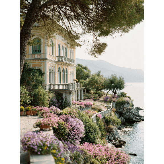 Floral Coastal Villa Canvas Print Wall Art for Italian Riviera Living Room Bedroom Hotel Decor
